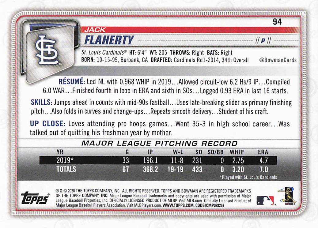 2020 Bowman Baseball Jack Flaherty #94