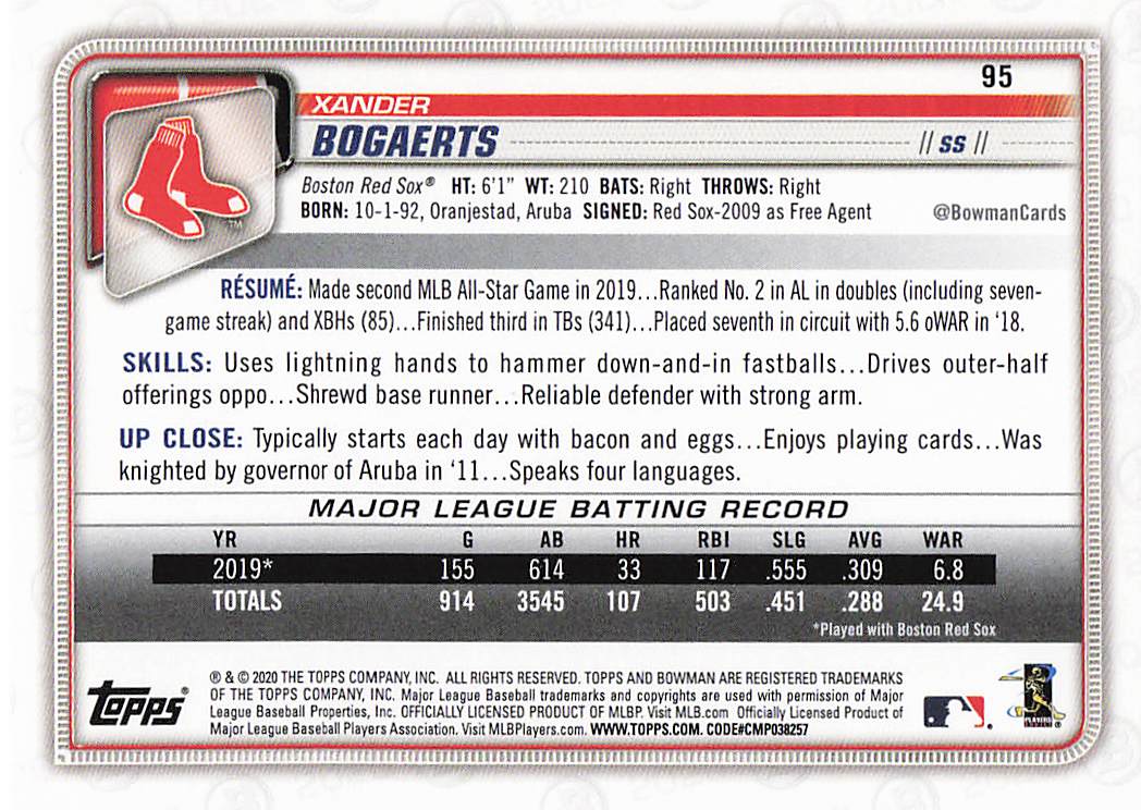 2020 Bowman Baseball Xander Bogaerts #95