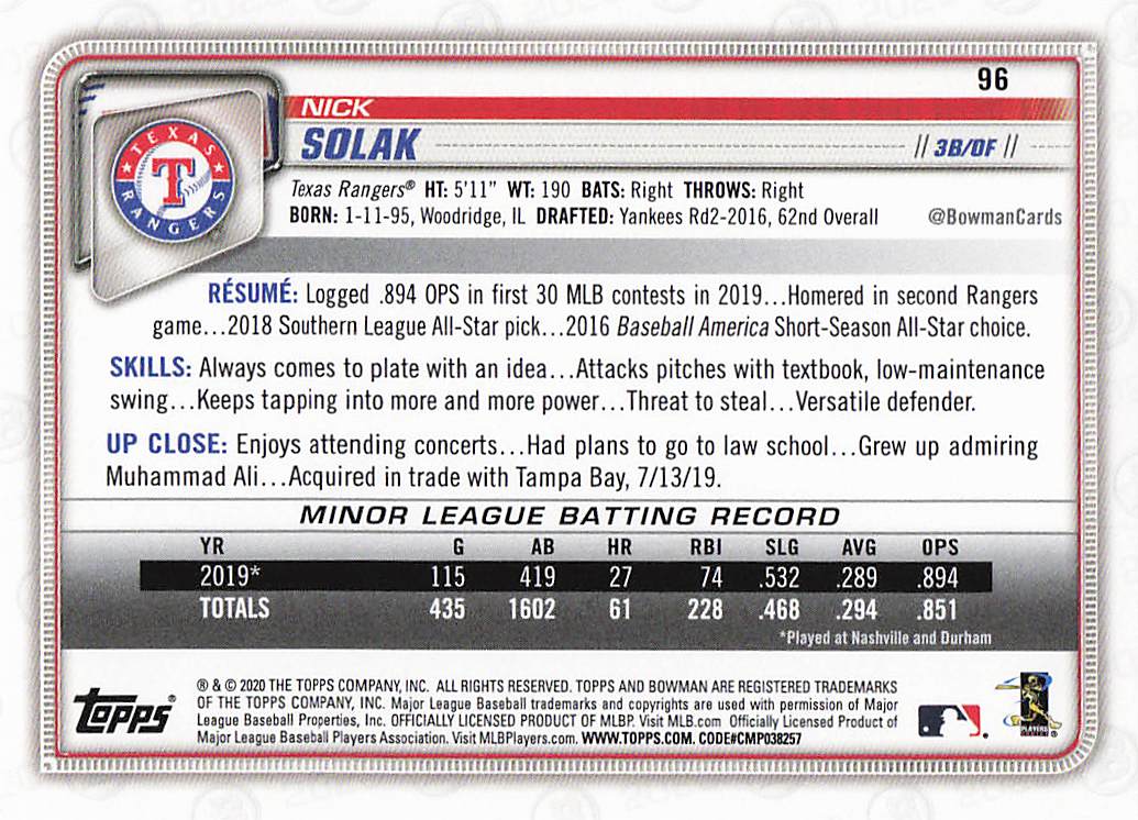 2020 Bowman Baseball Nick Solak #96 Rookie