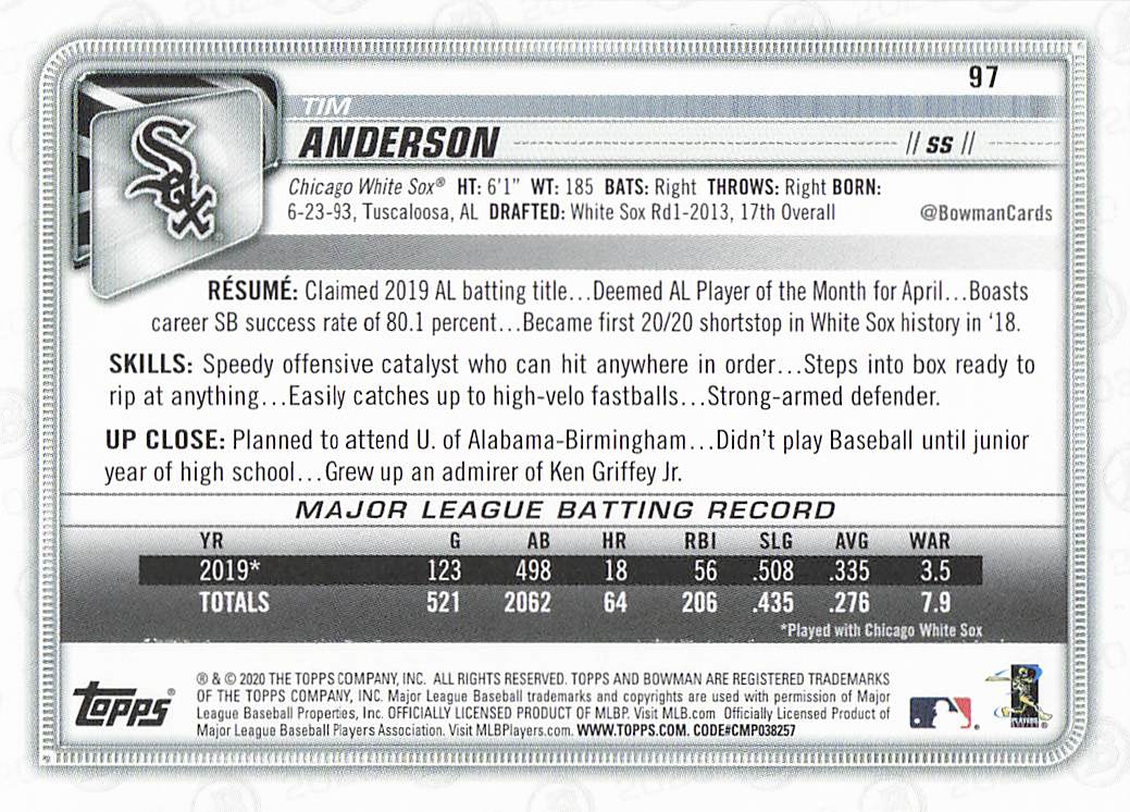 2020 Bowman Baseball Tim Anderson #97