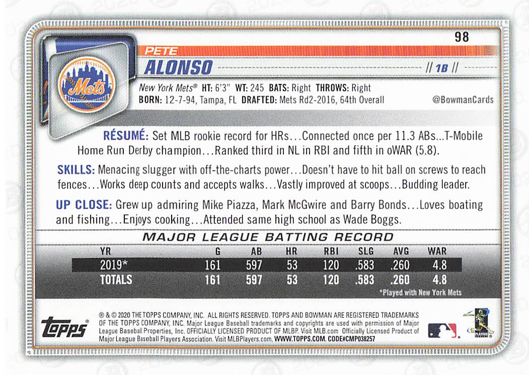 2020 Bowman Baseball Pete Alonso #98