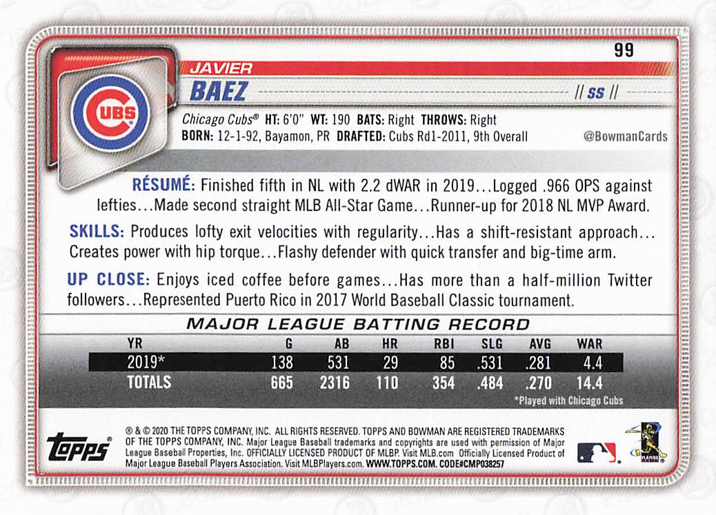 2020 Bowman Baseball Javier Baez #99