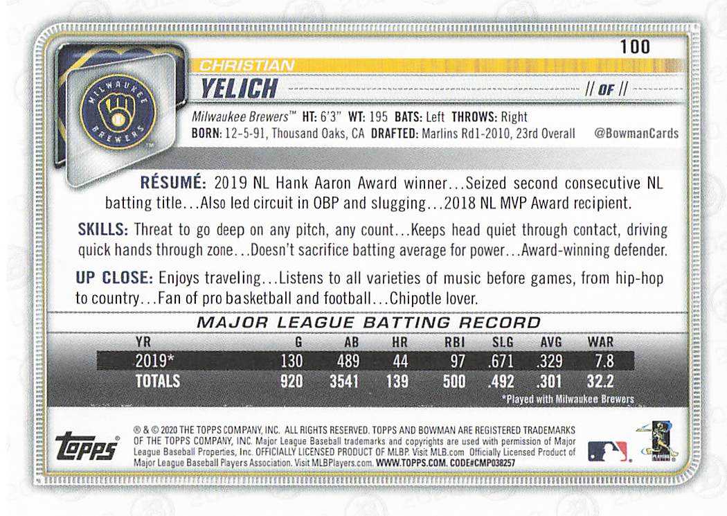 2020 Bowman Baseball Christian Yelich #100
