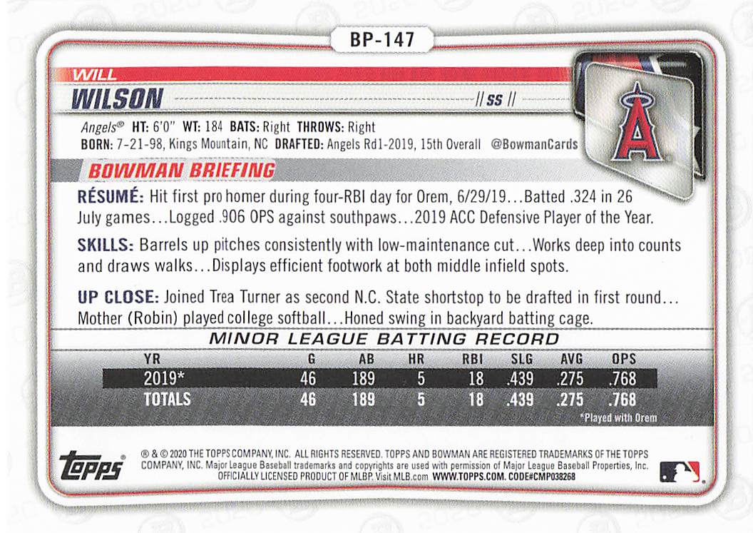 2020 Bowman 1st Edition Baseball Will Wilson #BFE-147