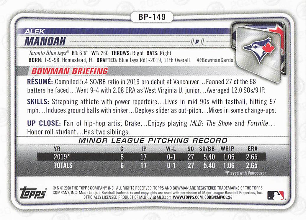 2020 Bowman Baseball Prospects Alek Manoah #BP-149