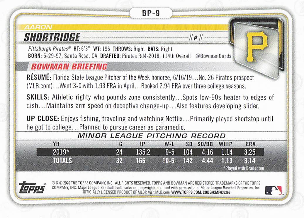2020 Bowman Baseball Aaron Shortridge #BP-9