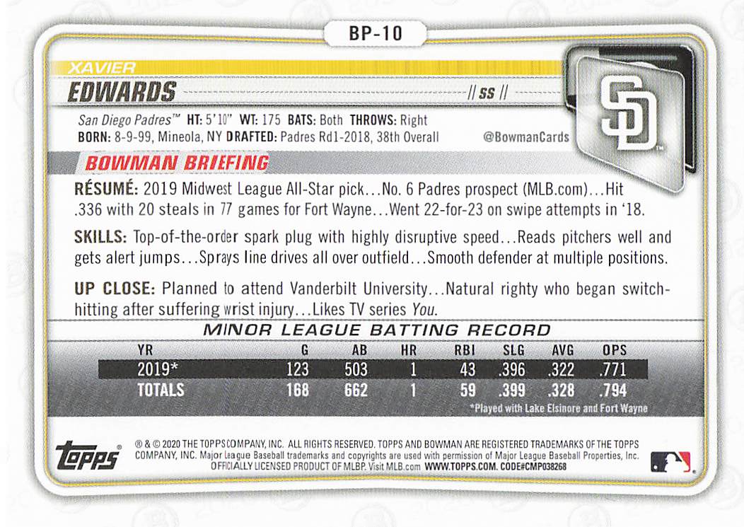 2020 Bowman Baseball Prospects Xavier Edwards #BP-10