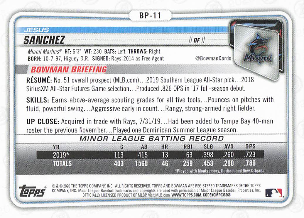 2020 Bowman Baseball Prospects Jesus Sanchez #BP-11