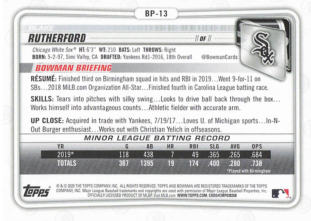 2020 Bowman Baseball Blake Rutherford #BCP-13