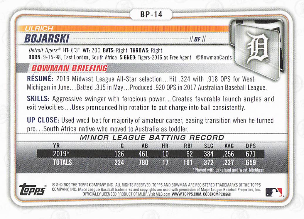 2020 Bowman Baseball Prospects Ulrich Bojarski #BP-14