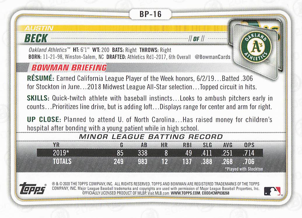 2020 Bowman Baseball Prospects Austin Beck #BP-16