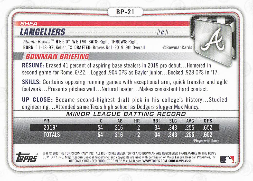2020 Bowman Baseball Shea Langeliers #BP-21