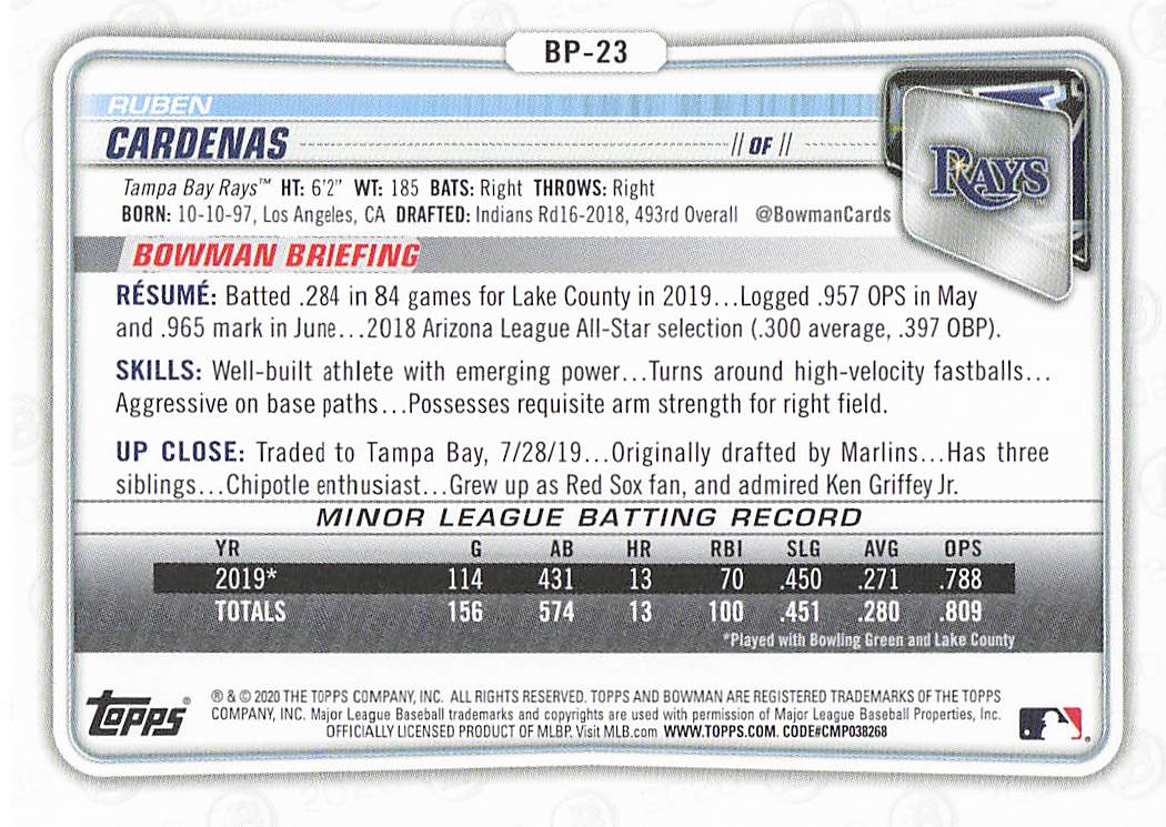 2020 Bowman Baseball Prospects Ruben Cardenas #BP-23