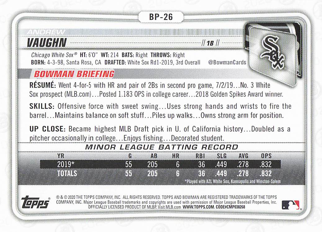 2020 Bowman Baseball Prospects Andrew Vaughn #BP-26