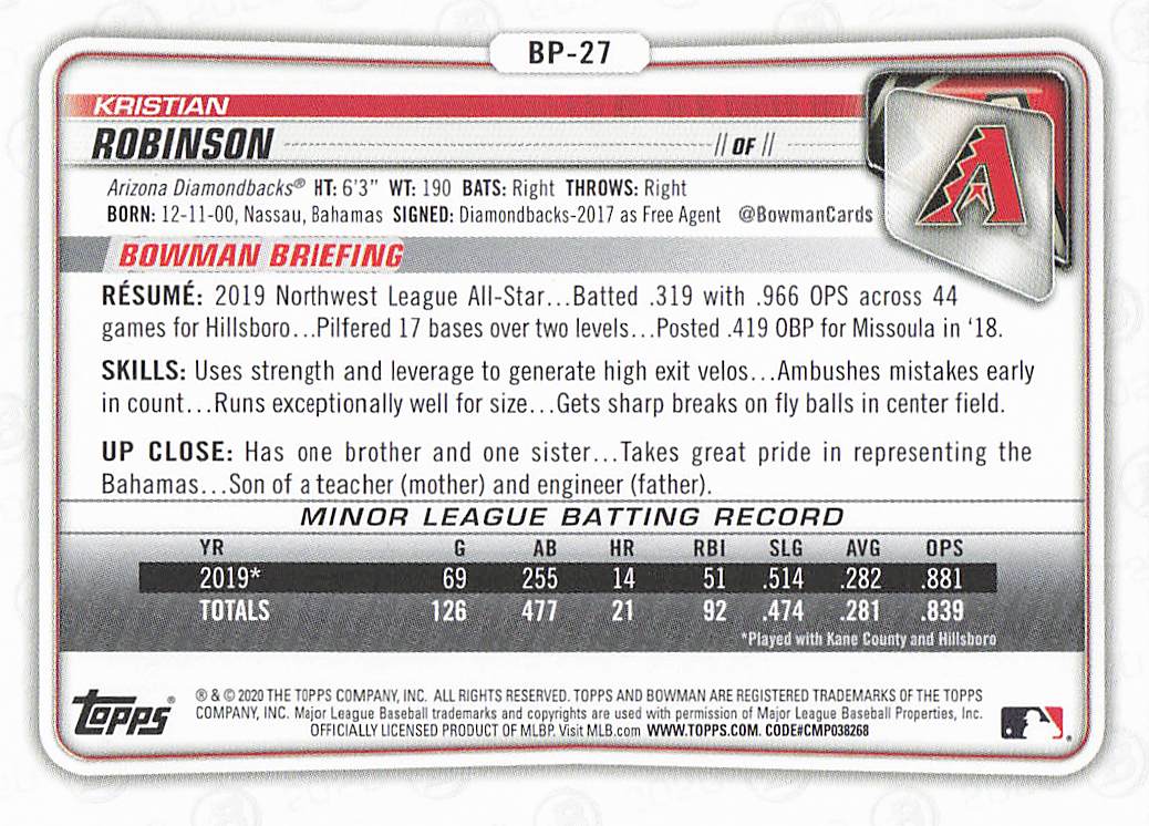 2020 Bowman Baseball Kristian Robinson #BP-27