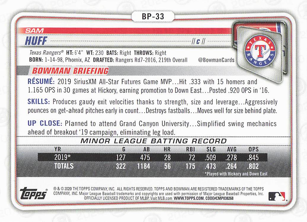 2020 Bowman Baseball Prospects Sam Huff #BP-33