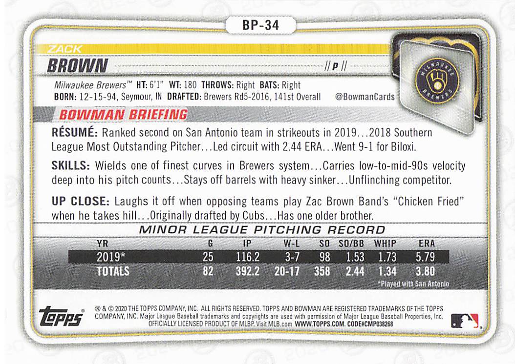 2020 Bowman Baseball Prospects Zack Brown #BP-34