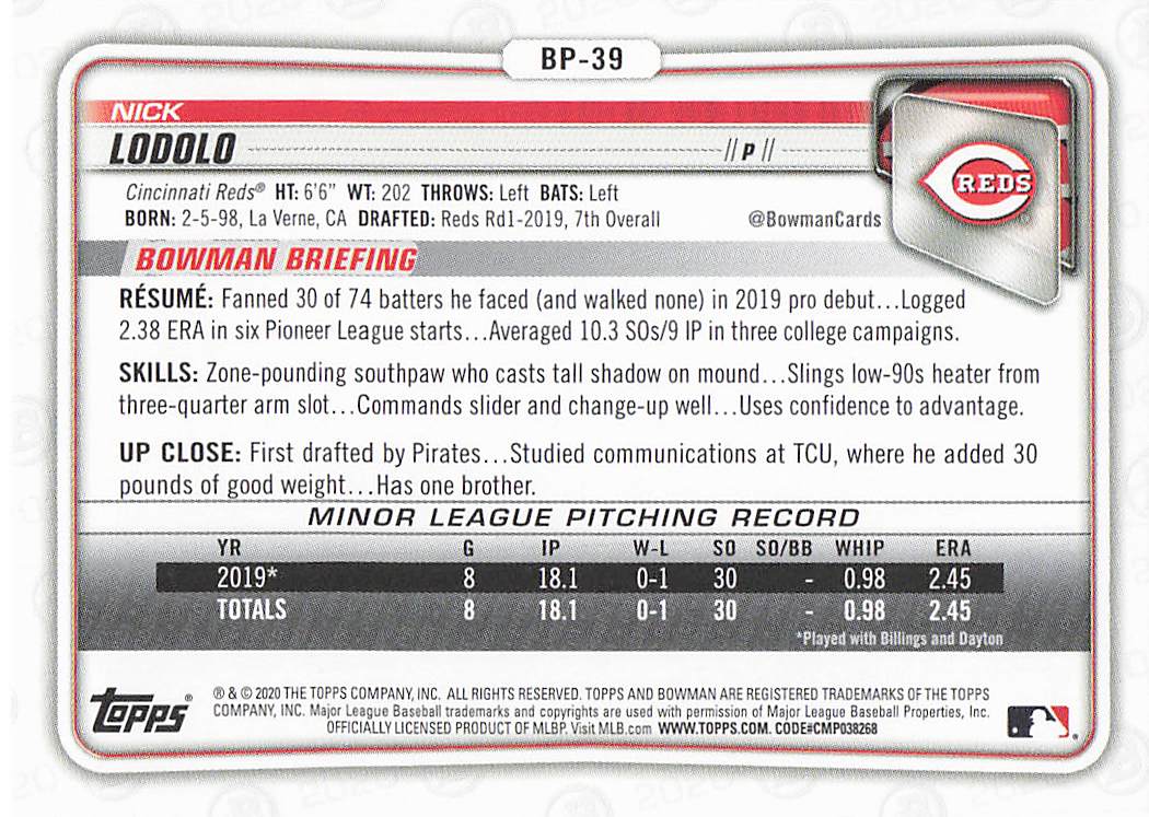 2020 Bowman Baseball Prospects Nick Lodolo #BP-39