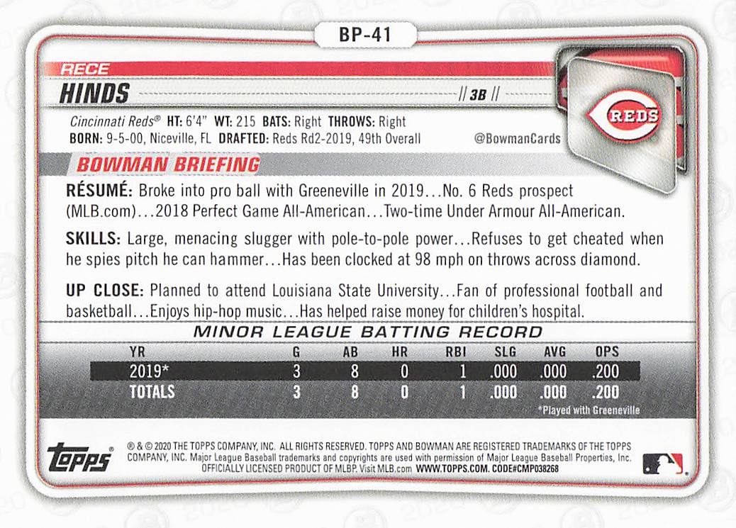 2020 Bowman Baseball Rece Hinds #BP-41