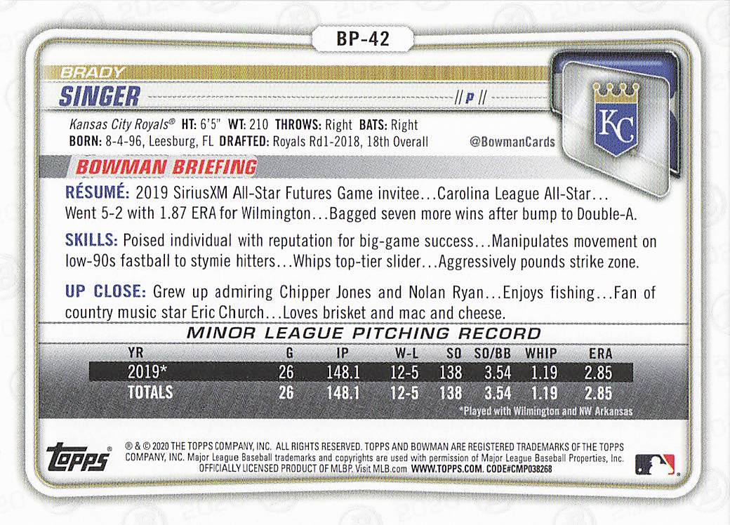 2020 Bowman Baseball Prospects Brady Singer #BP-42