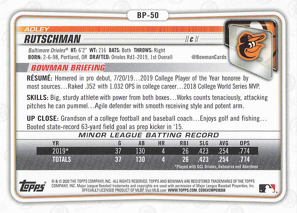 2020 Bowman Baseball Adley Rutschman #BP-50