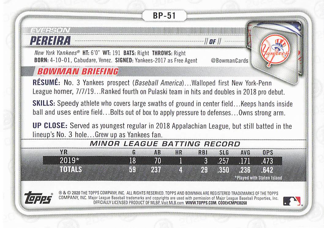 2020 Bowman Baseball Everson Pereira #BP-51