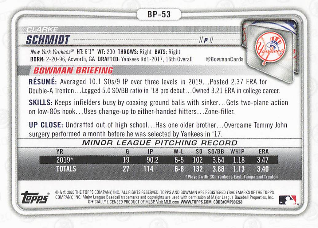 2020 Bowman 1st Edition Baseball Clarke Schmidt #BFE-53