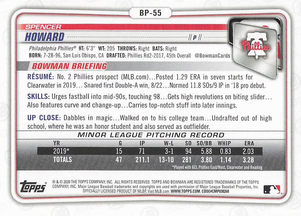 2020 Bowman Baseball Prospects Spencer Howard #BP-55
