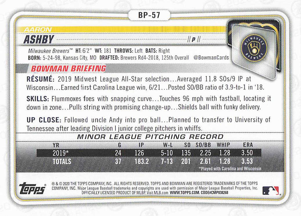 2020 Bowman Baseball Aaron Ashby #BP-57