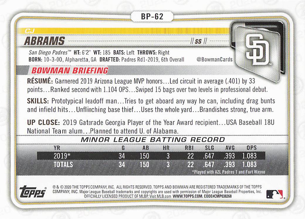 2020 Bowman Baseball Prospects CJ Abrams #BP-62