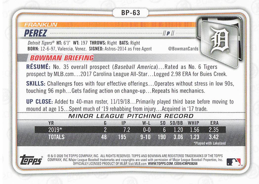 2020 Bowman 1st Edition Baseball Franklin Perez #BFE-63