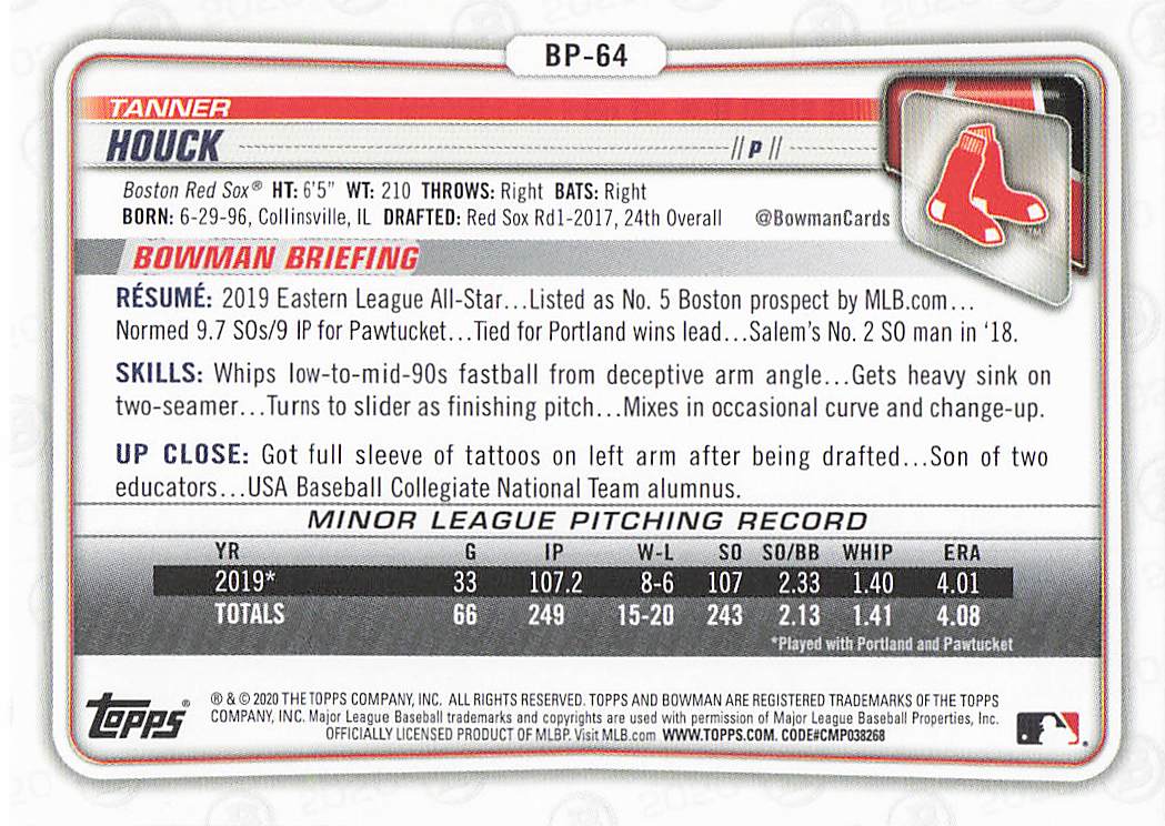 2020 Bowman 1st Edition Baseball Tanner Houck #BFE-64
