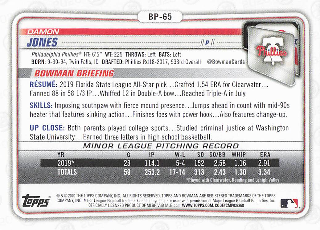 2020 Bowman 1st Edition Baseball Damon Jones #BFE-65