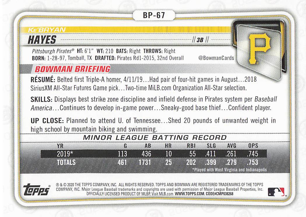 2020 Bowman Baseball Ke'Bryan Hayes #BP-67