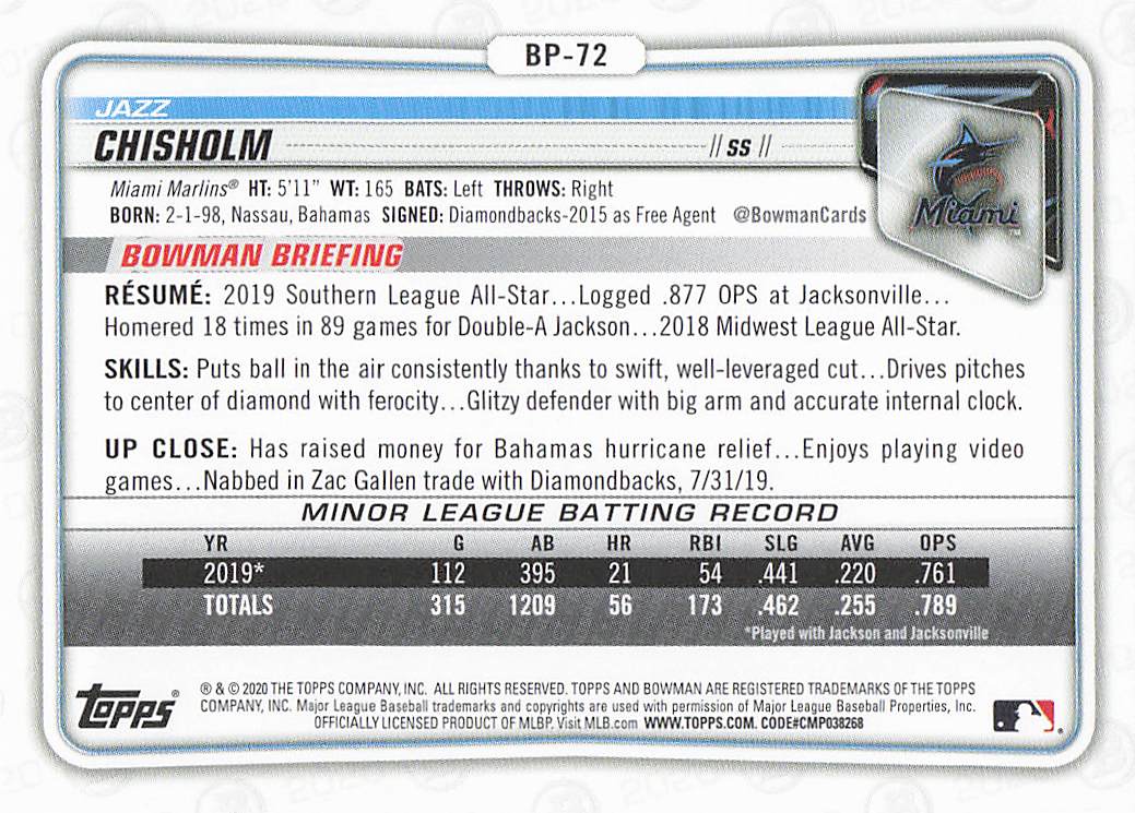 2020 Bowman Baseball Prospects Jazz Chisholm #BP-72