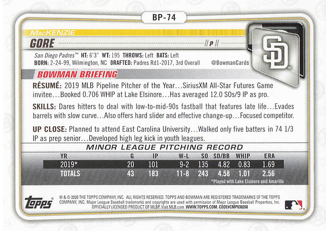 2020 Bowman 1st Edition Baseball MacKenzie Gore #BFE-74