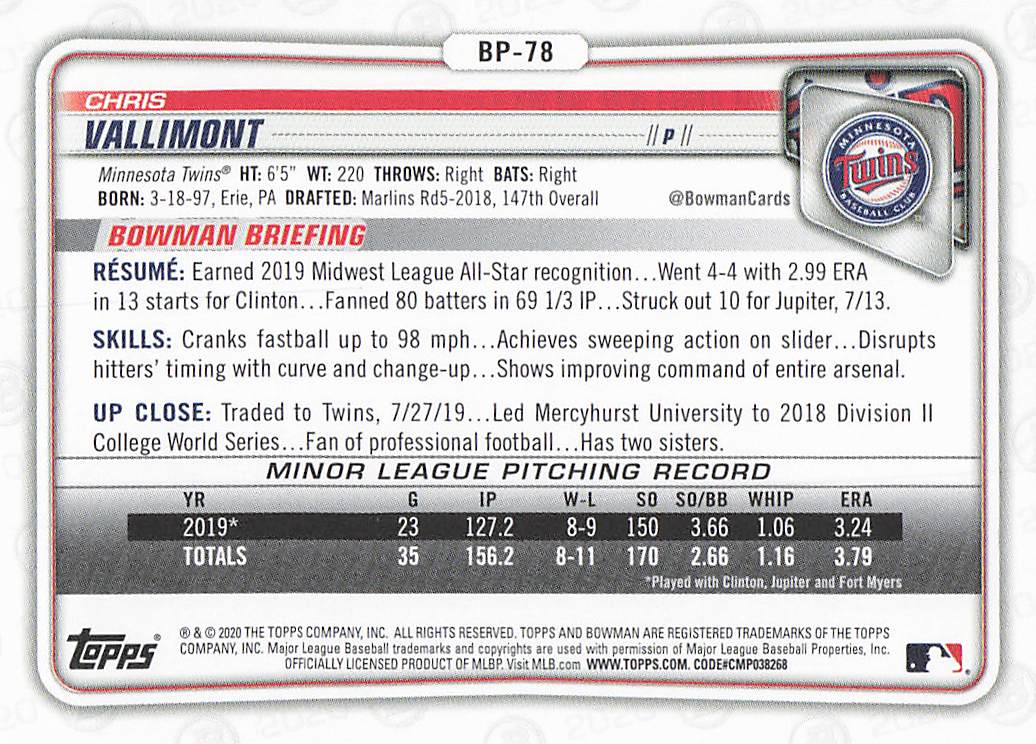 2020 Bowman Baseball Prospects Chris Vallimont #BP-78