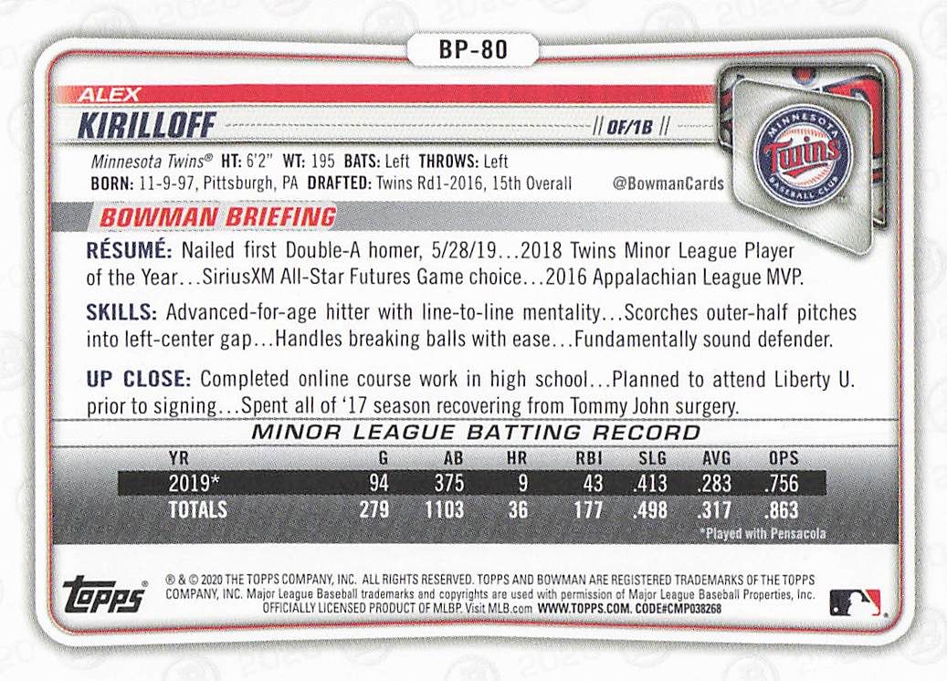 2020 Bowman Baseball Alex Kirilloff #BCP-80