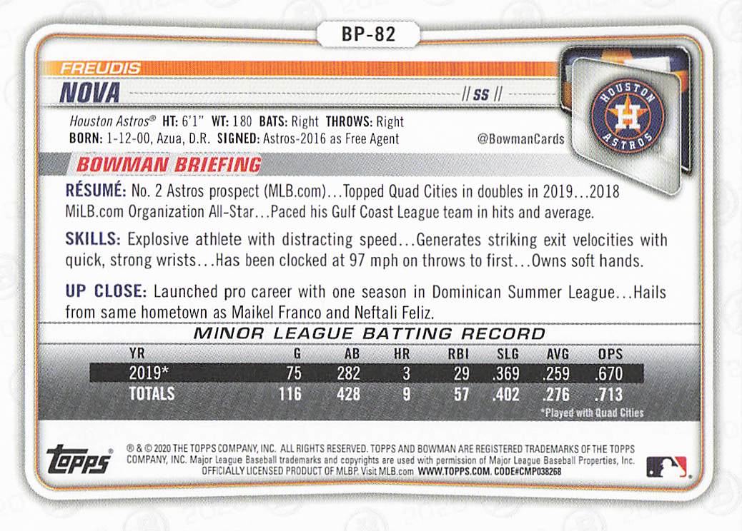 2020 Bowman Baseball Prospects Freudis Nova #BP-82