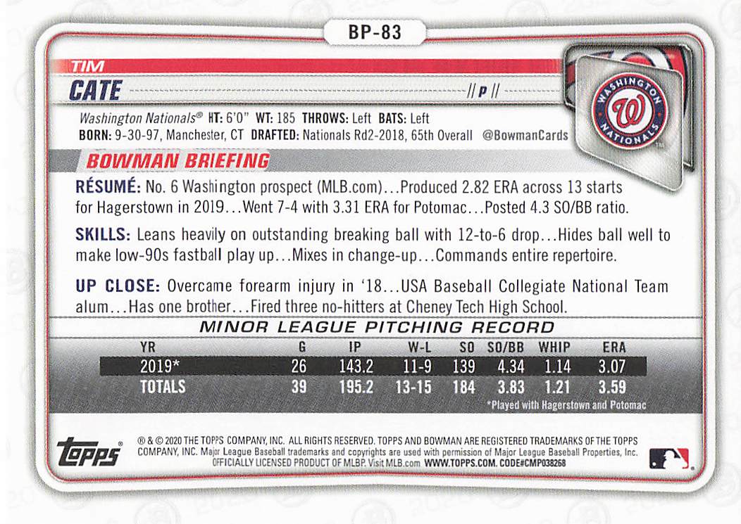 2020 Bowman Baseball Tim Cate #BCP-83