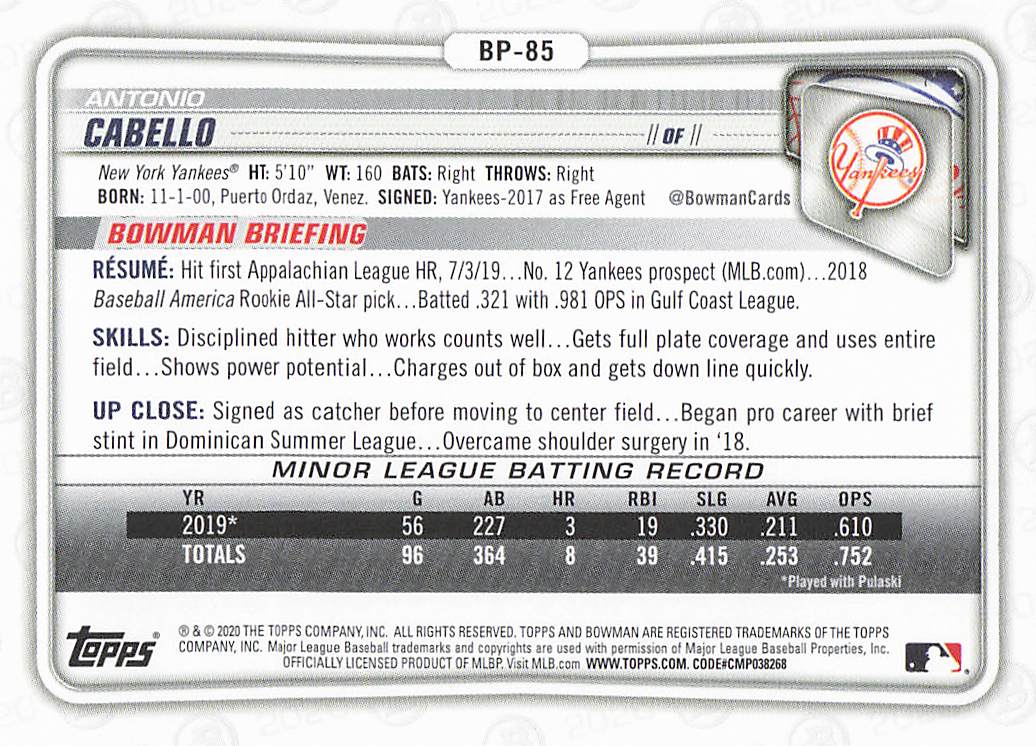 2020 Bowman Baseball Prospects Antonio Cabello #BP-85