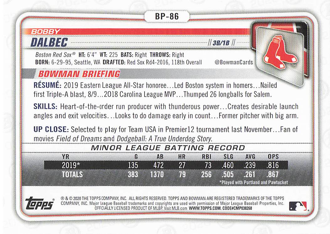 2020 Bowman Baseball Prospects Bobby Dalbec #BP-86