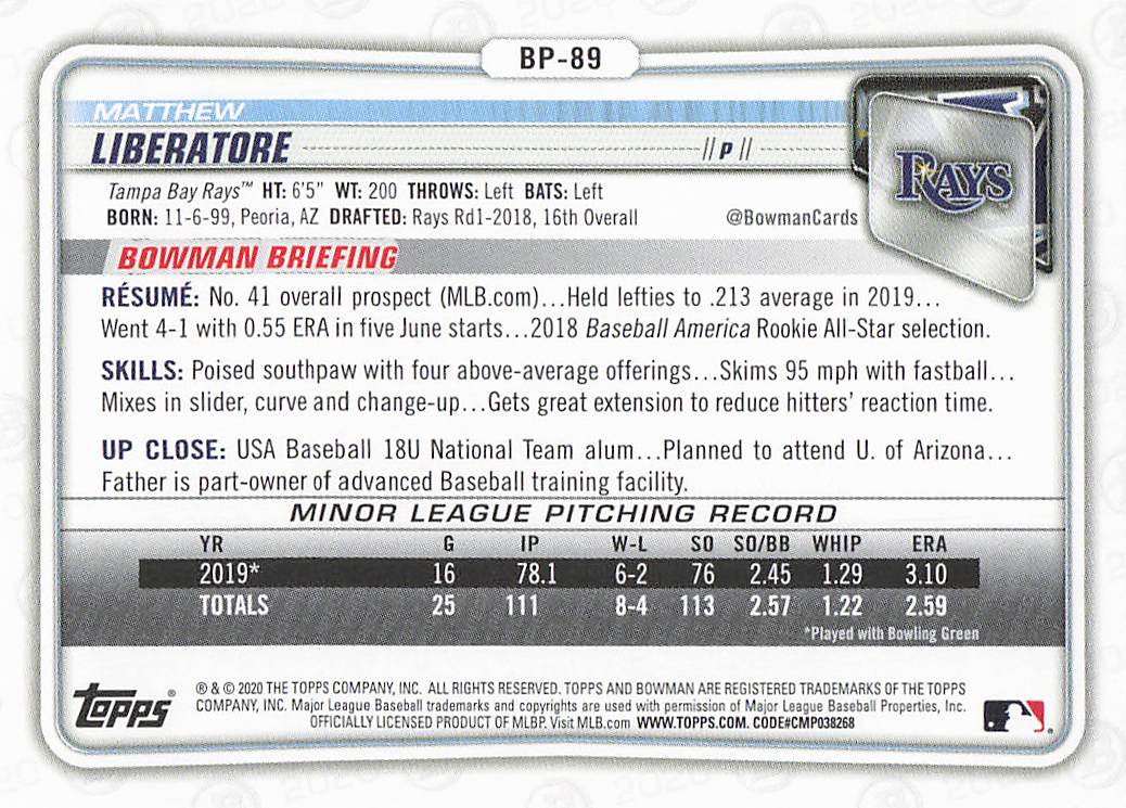 2020 Bowman Baseball Matthew Liberatore #BP-89