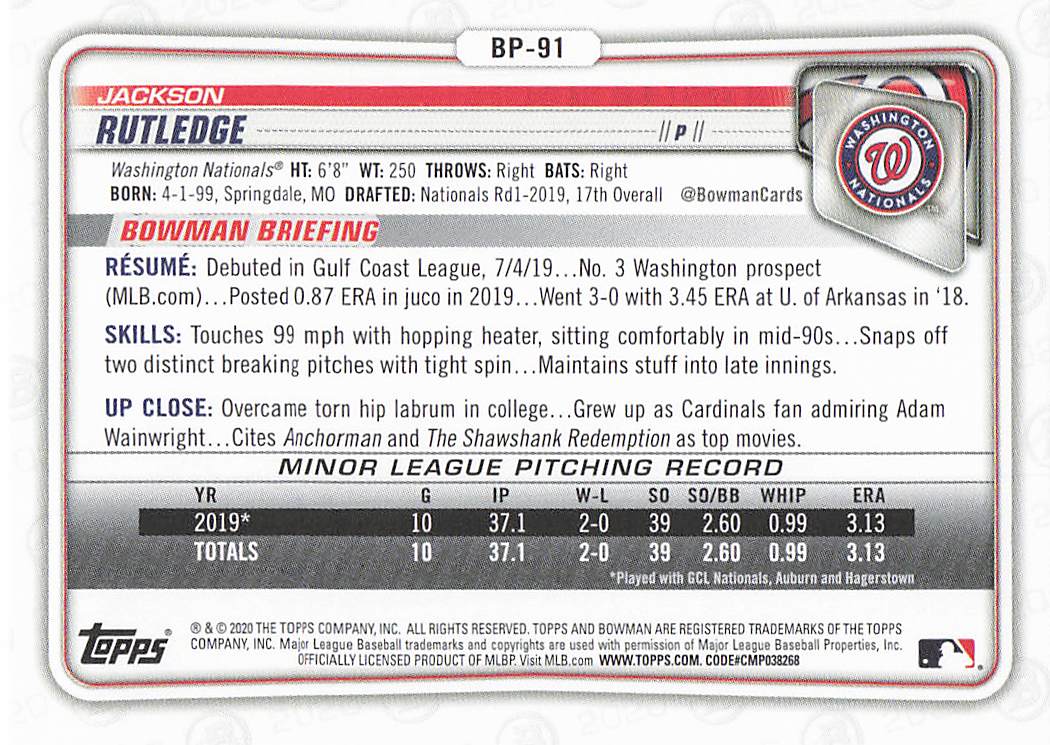 2020 Bowman Baseball Jackson Rutledge #BP-91