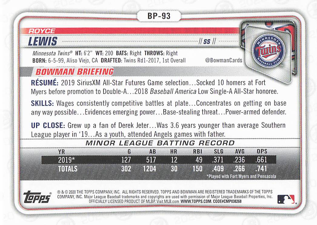 2020 Bowman Baseball Prospects Royce Lewis #BP-93