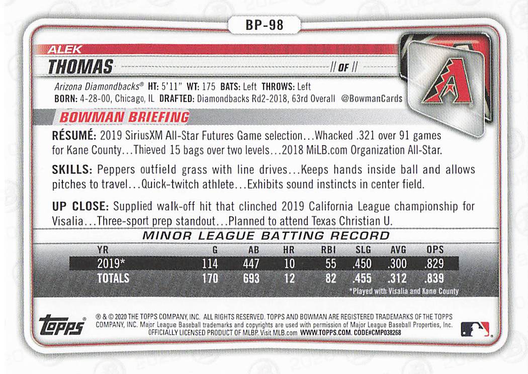 2020 Bowman Baseball Prospects Alek Thomas #BP-98