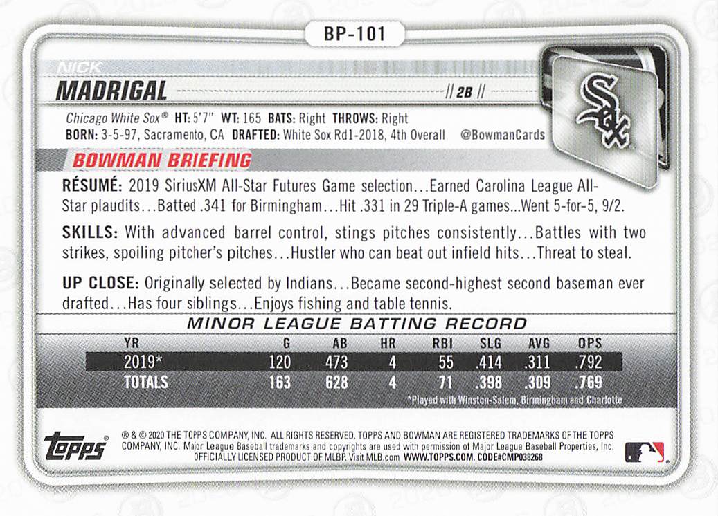 2020 Bowman Baseball Prospects Nick Madrigal #BP-101