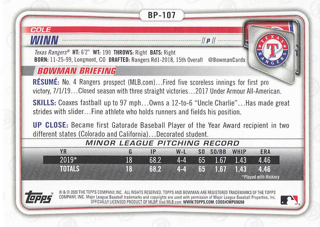 2020 Bowman Baseball Prospects Cole Winn #BP-107