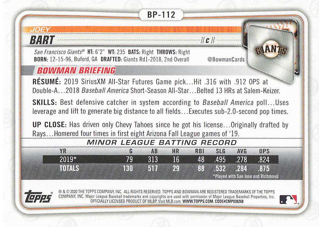 2020 Bowman Baseball Prospects Joey Bart #BP-112
