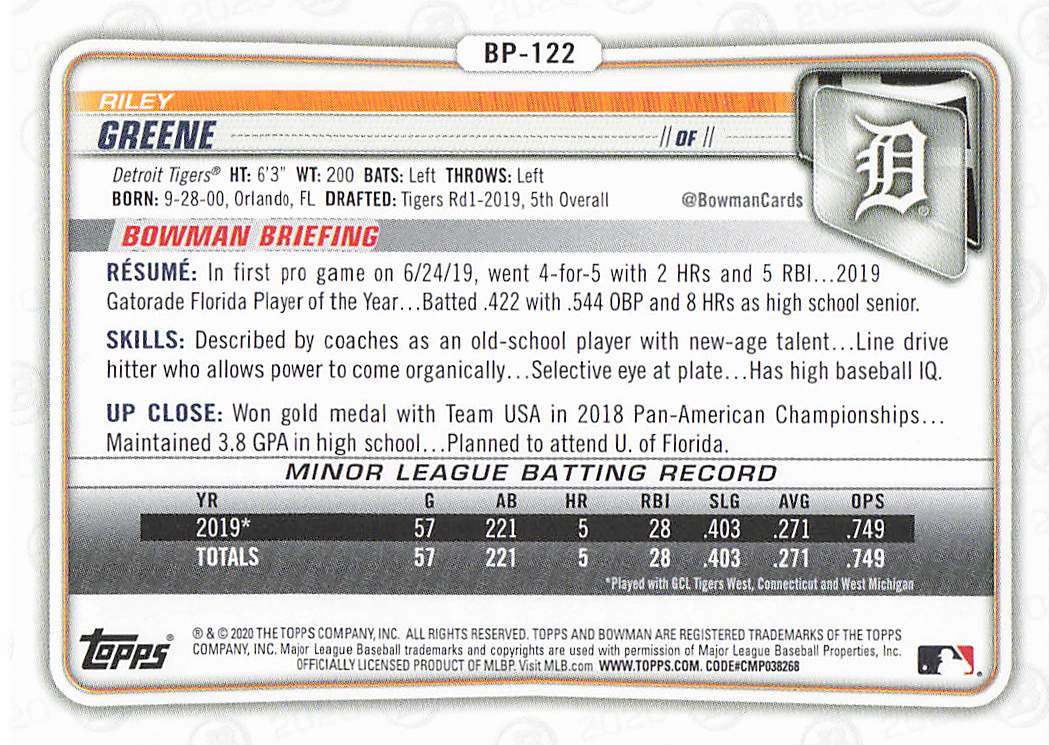 2020 Bowman Baseball Prospects Riley Greene #BP-122